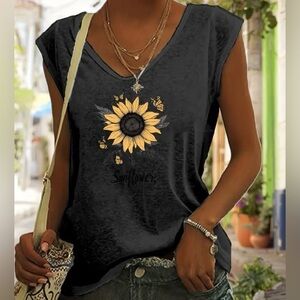Sunflower Graphic V-Neck Sleeveless Top - Gray